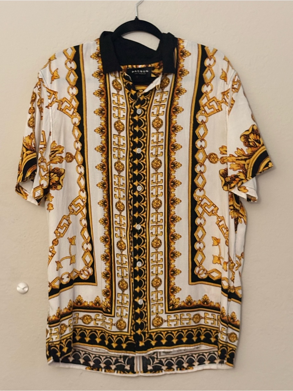 PacSun White, Gold and Black Baroque Print Short-Sleeve Button-Up Shirt
